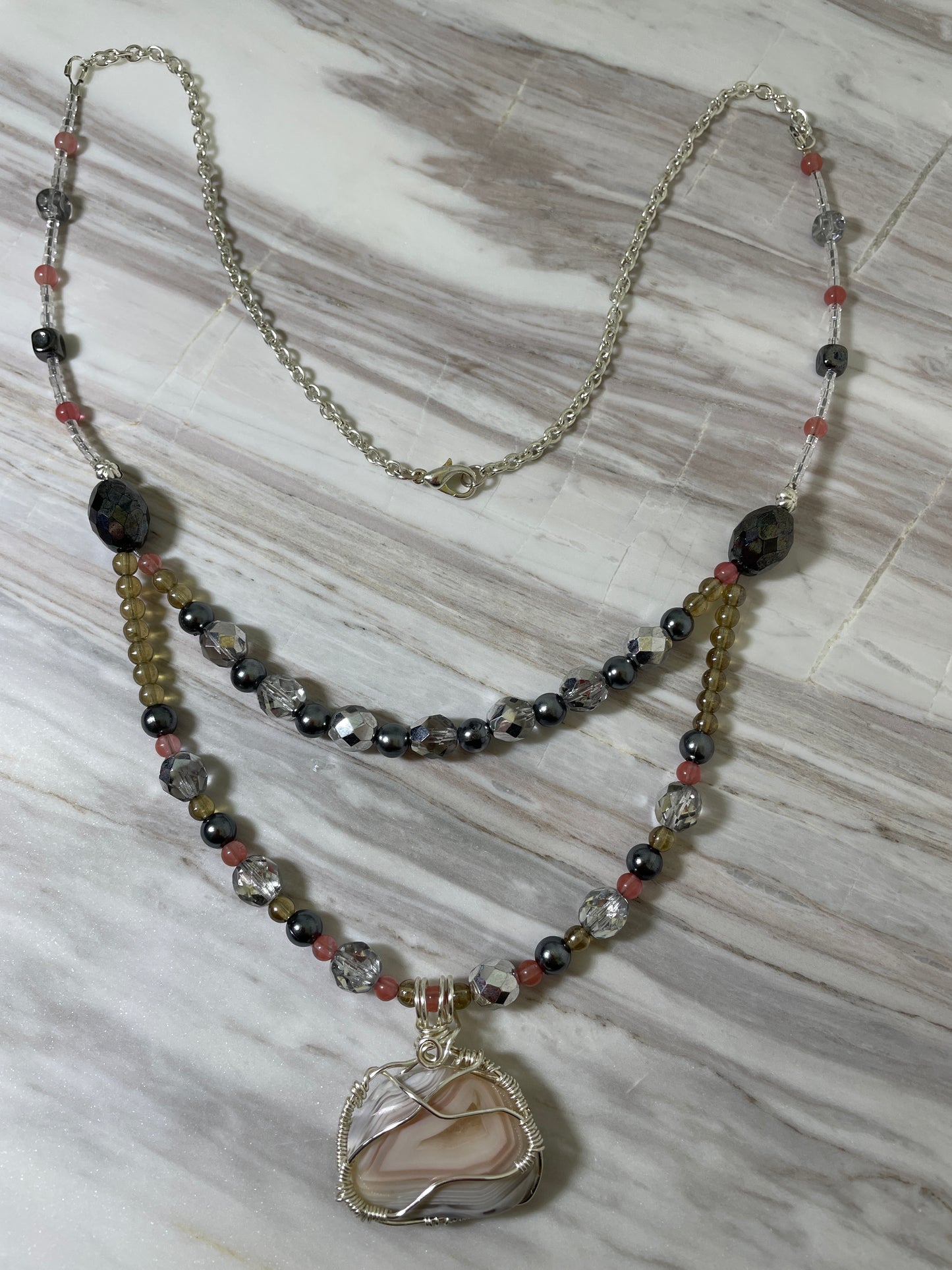 Wire Wrapped Pink Botswana Agate Necklace