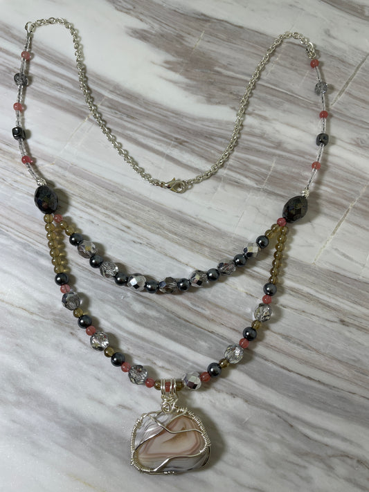 Wire Wrapped Pink Botswana Agate Necklace
