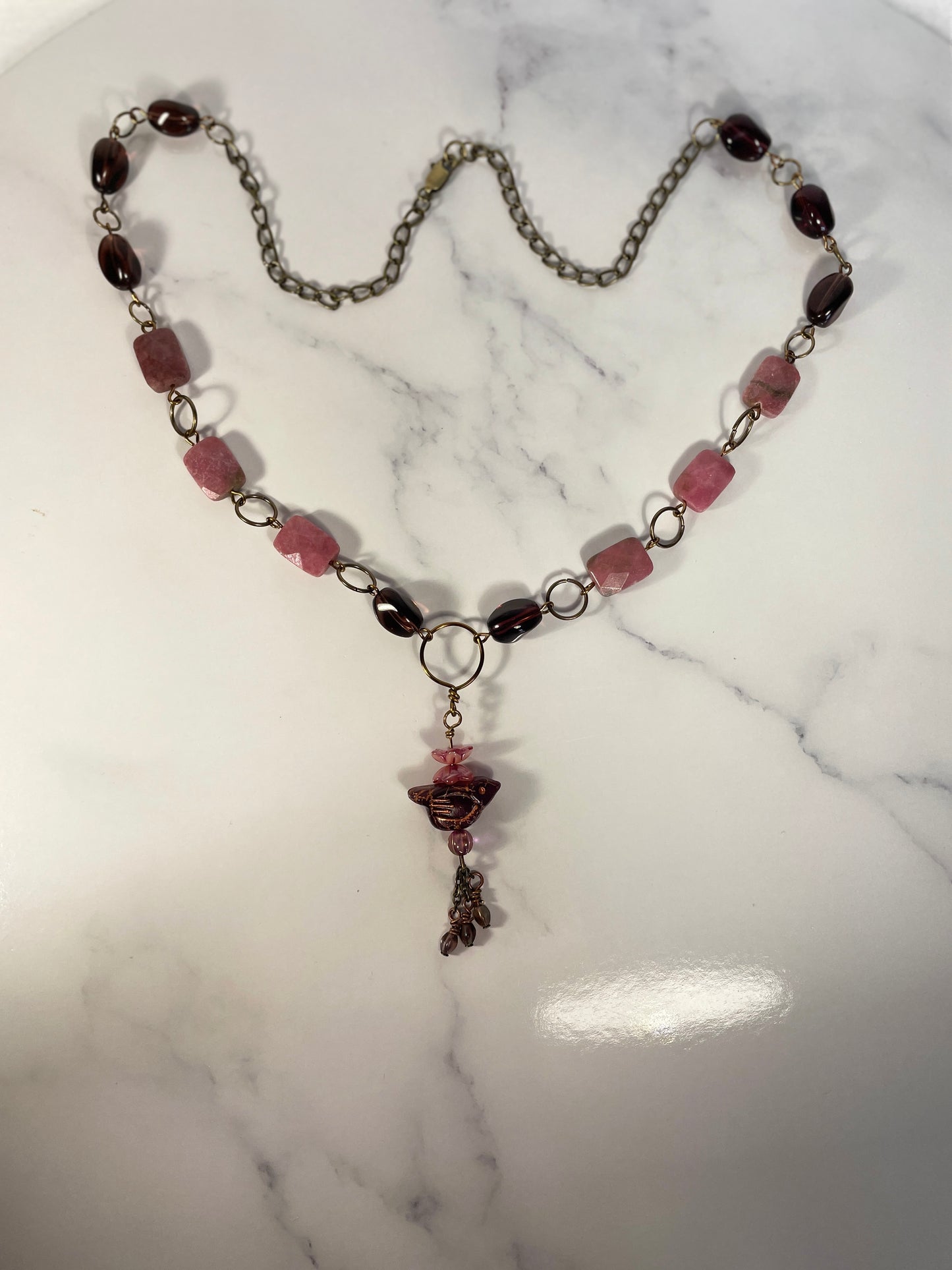 Carved Bird/Rhodonite Necklace