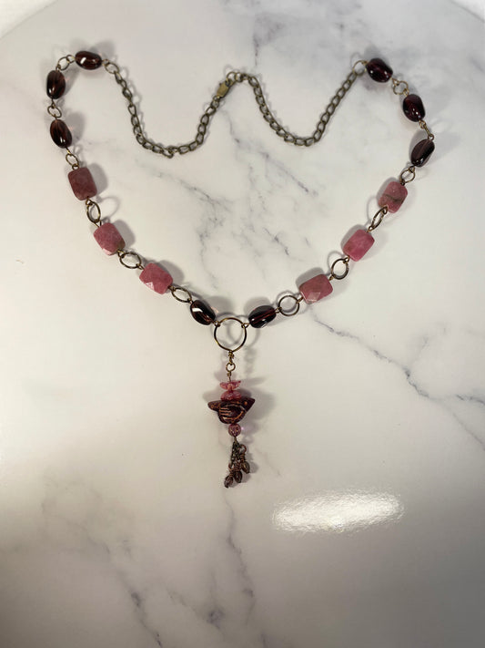 Carved Bird/Rhodonite Necklace