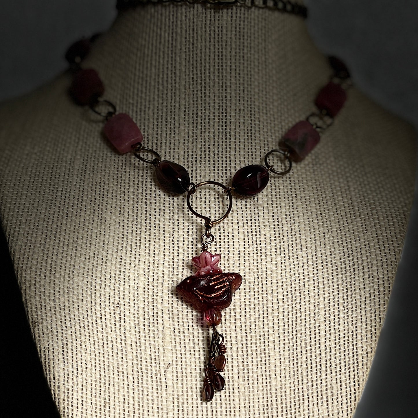 Carved Bird/Rhodonite Necklace