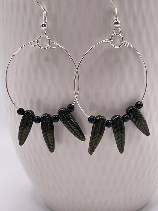 Metallic Green Feather Leaf Hoops
