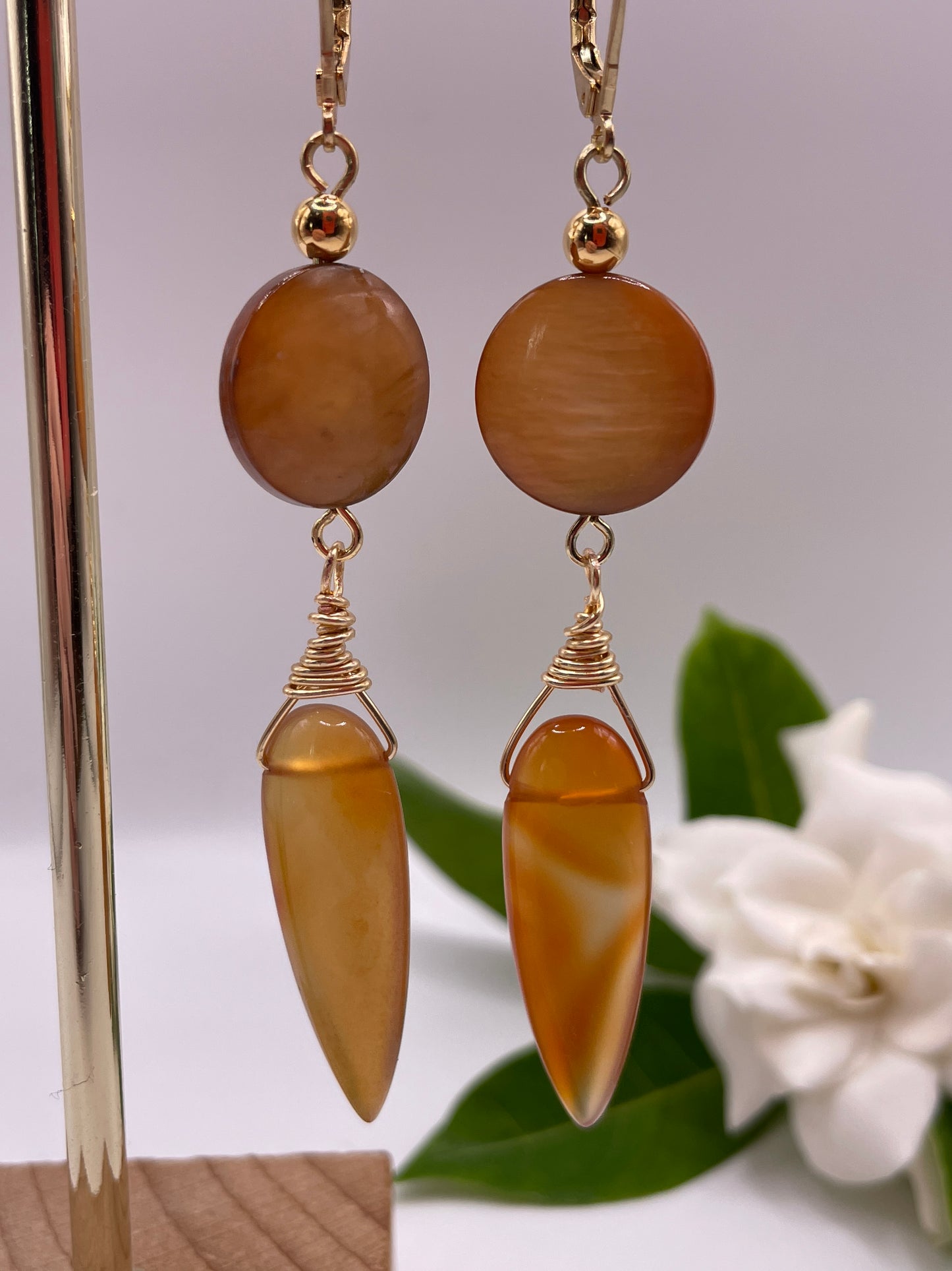 Carnelian Long Pear Drop with Wooden Disc.