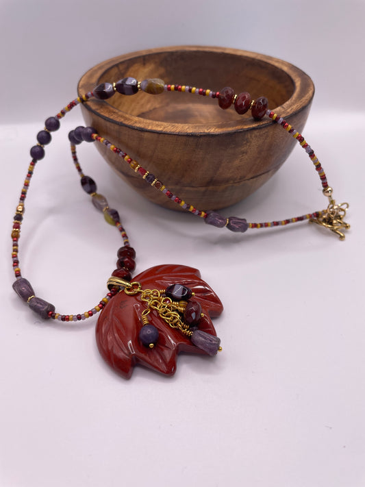 Hand carved Red Jasper Maple Leaf Pendant