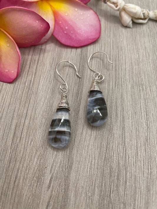 Indian-cut, Blue Boulder Opal, Faceted Long Pear Brio with Handcrafted Ear Wires
