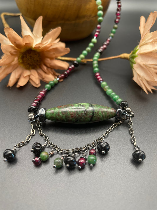 Green and Red Garnet Barrel Focal