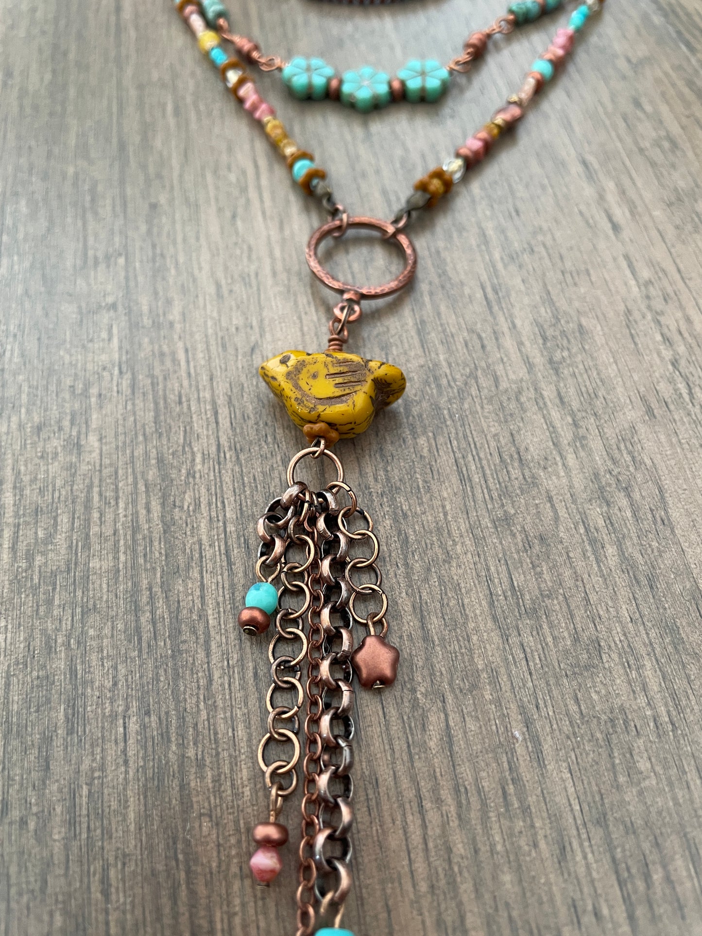 Czech Glass Carved Bird in Mustard Yellow Bronze Tassel Necklace Set