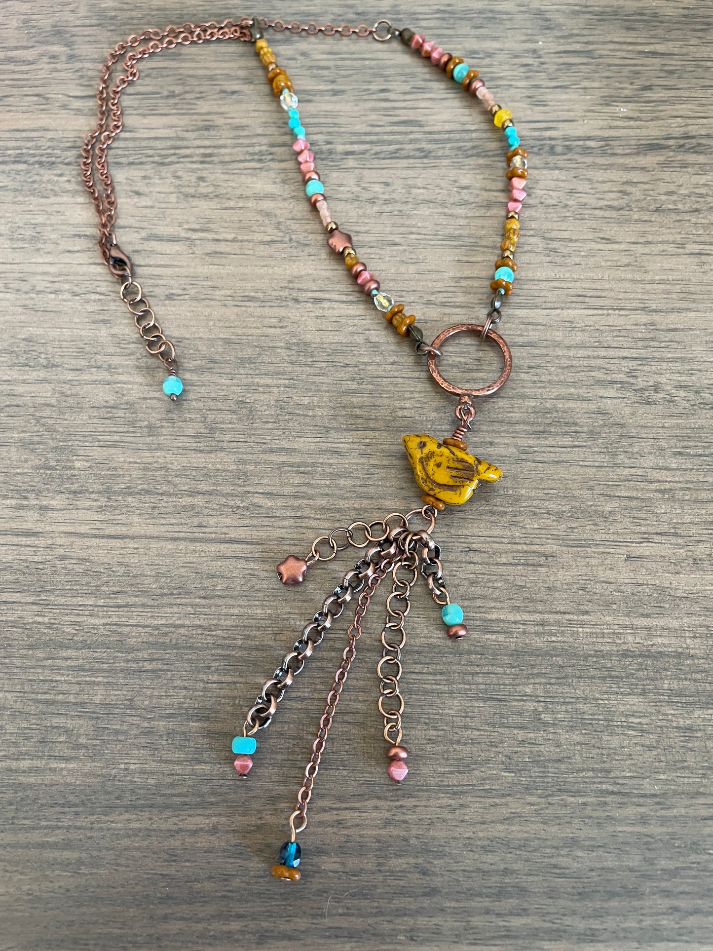 Czech Glass Carved Bird in Mustard Yellow Bronze Tassel Necklace Set