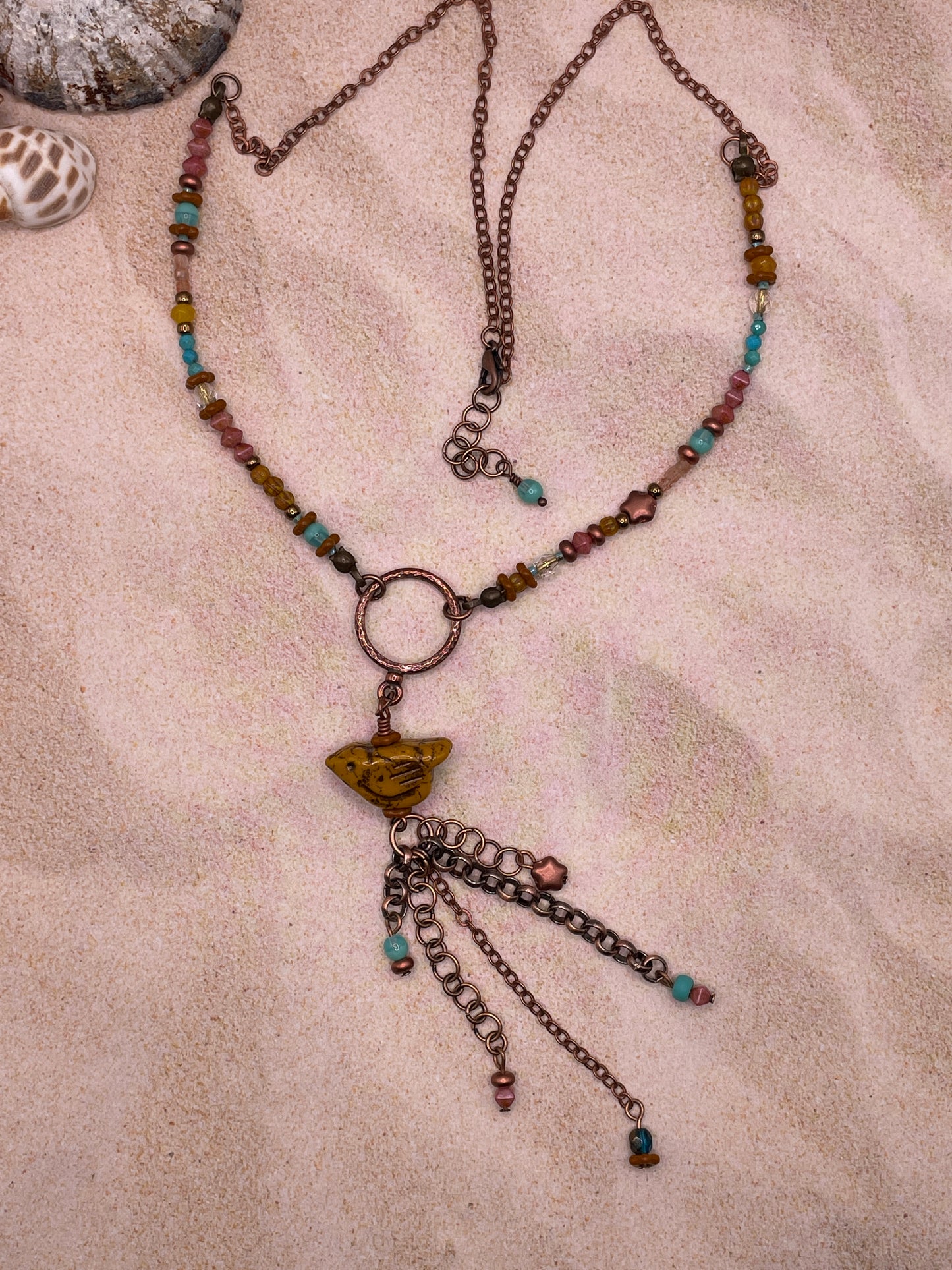Czech Glass Carved Bird in Mustard Yellow Bronze Tassel Necklace Set