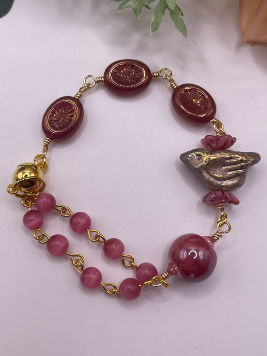 Pink Orchard Bracelet with Carved Bird Focal