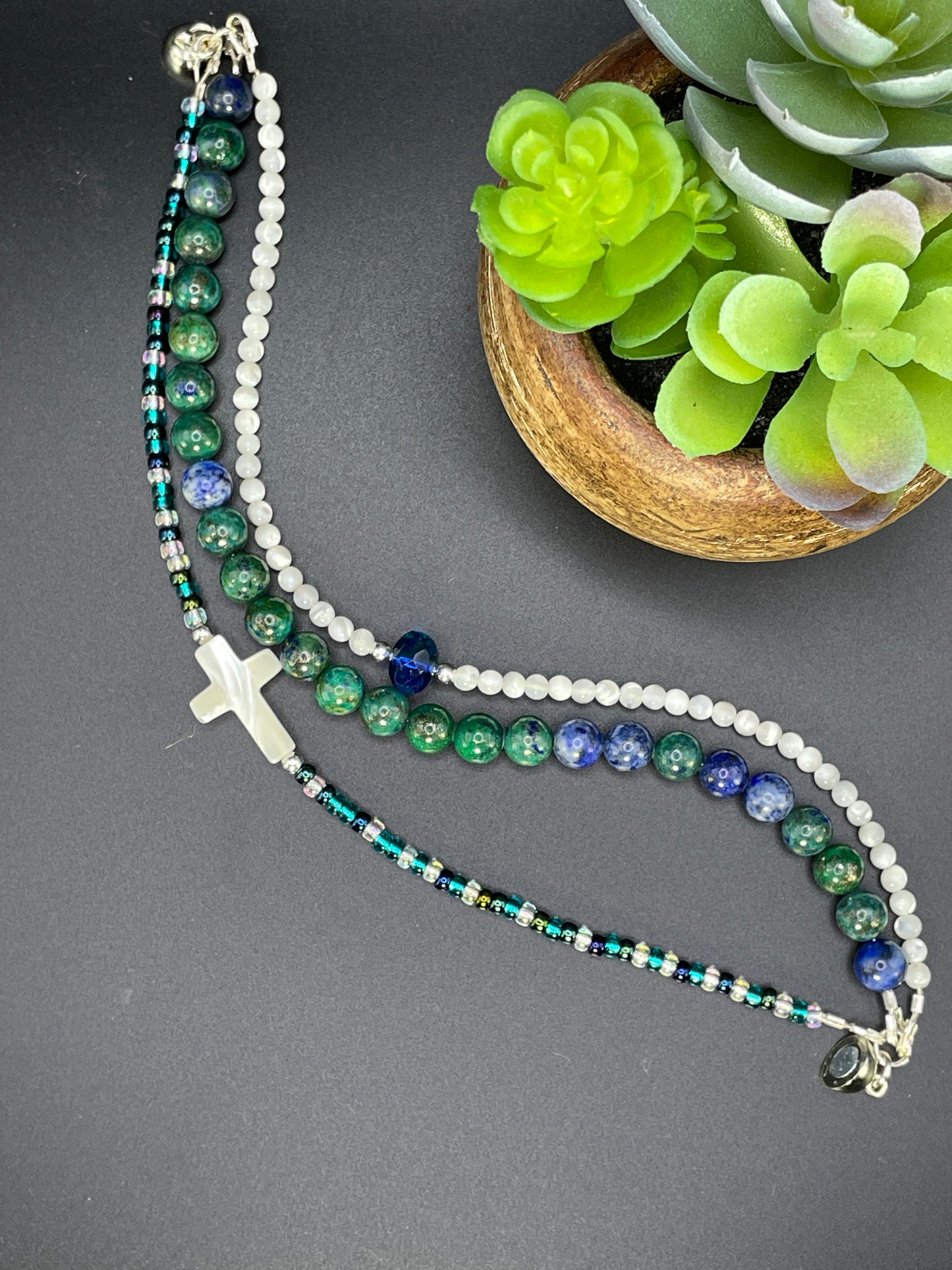 Mother of Pearl Cross 3-strand Bracelet